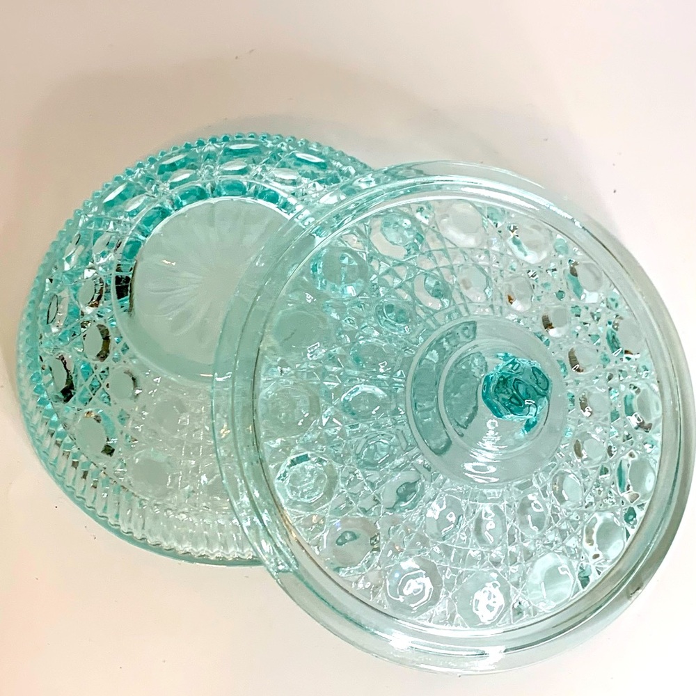 Indiana Glass Windsor Teal Button & Cane Candy Dish - Picture 4 of 4